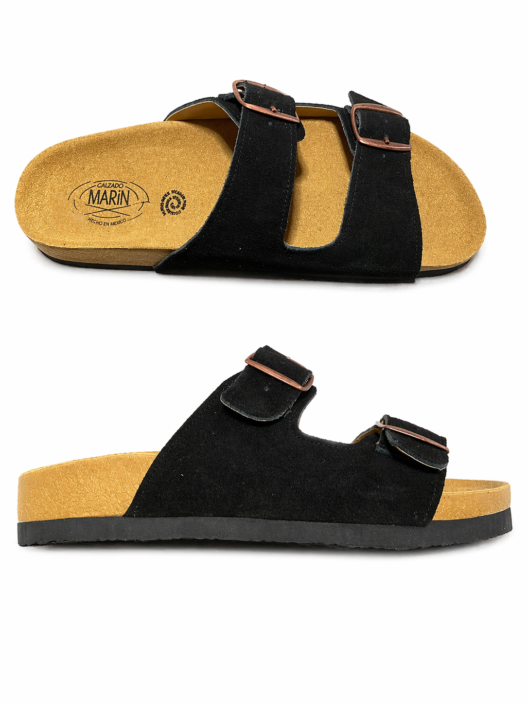 sandalias doble hebilla de gamuza color negro