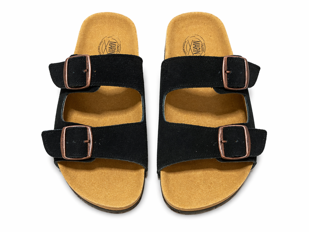 sandalias doble hebilla de gamuza color negro